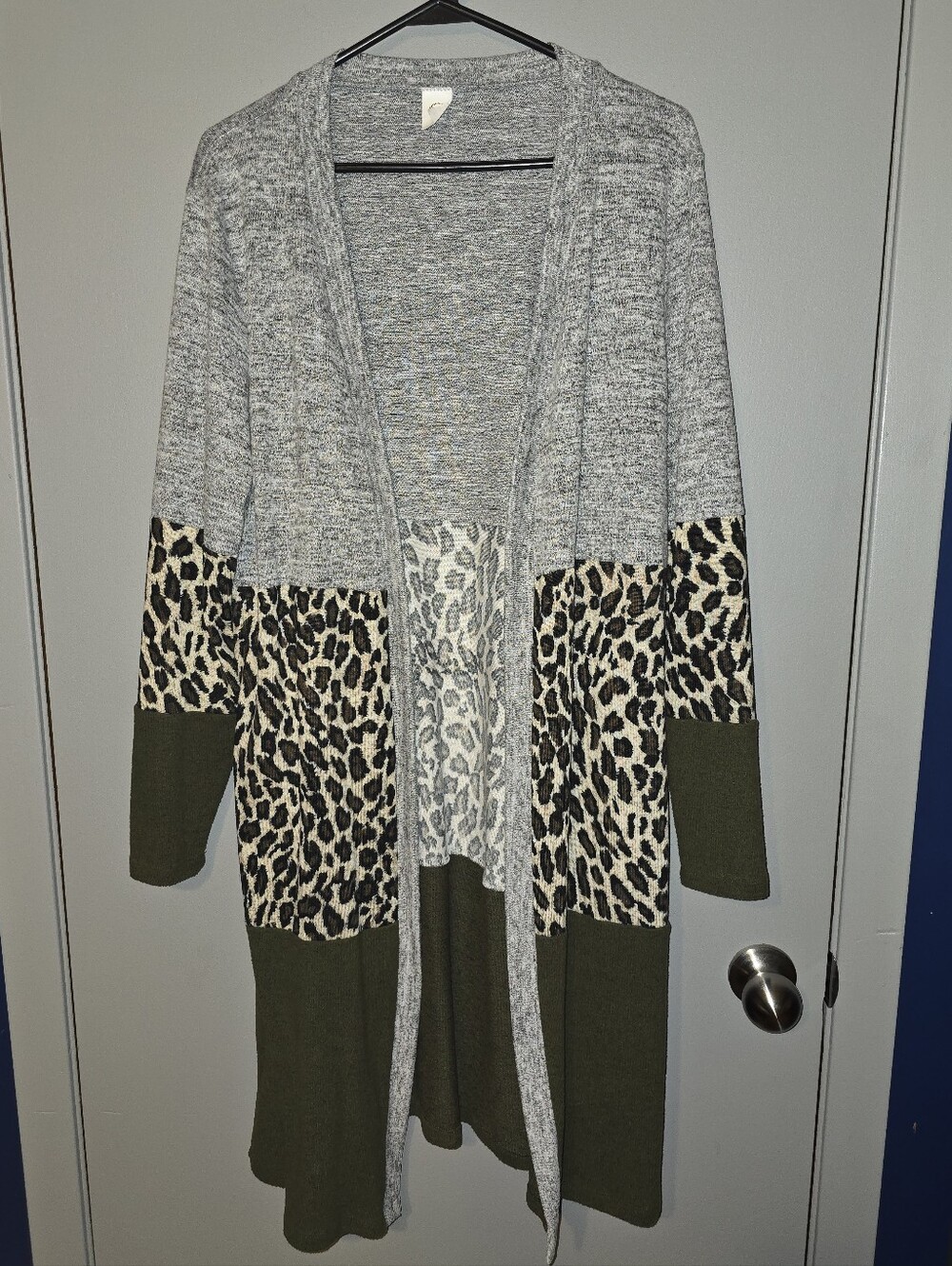 Open-Front Gray and Olive Leopard-Print Cardigan